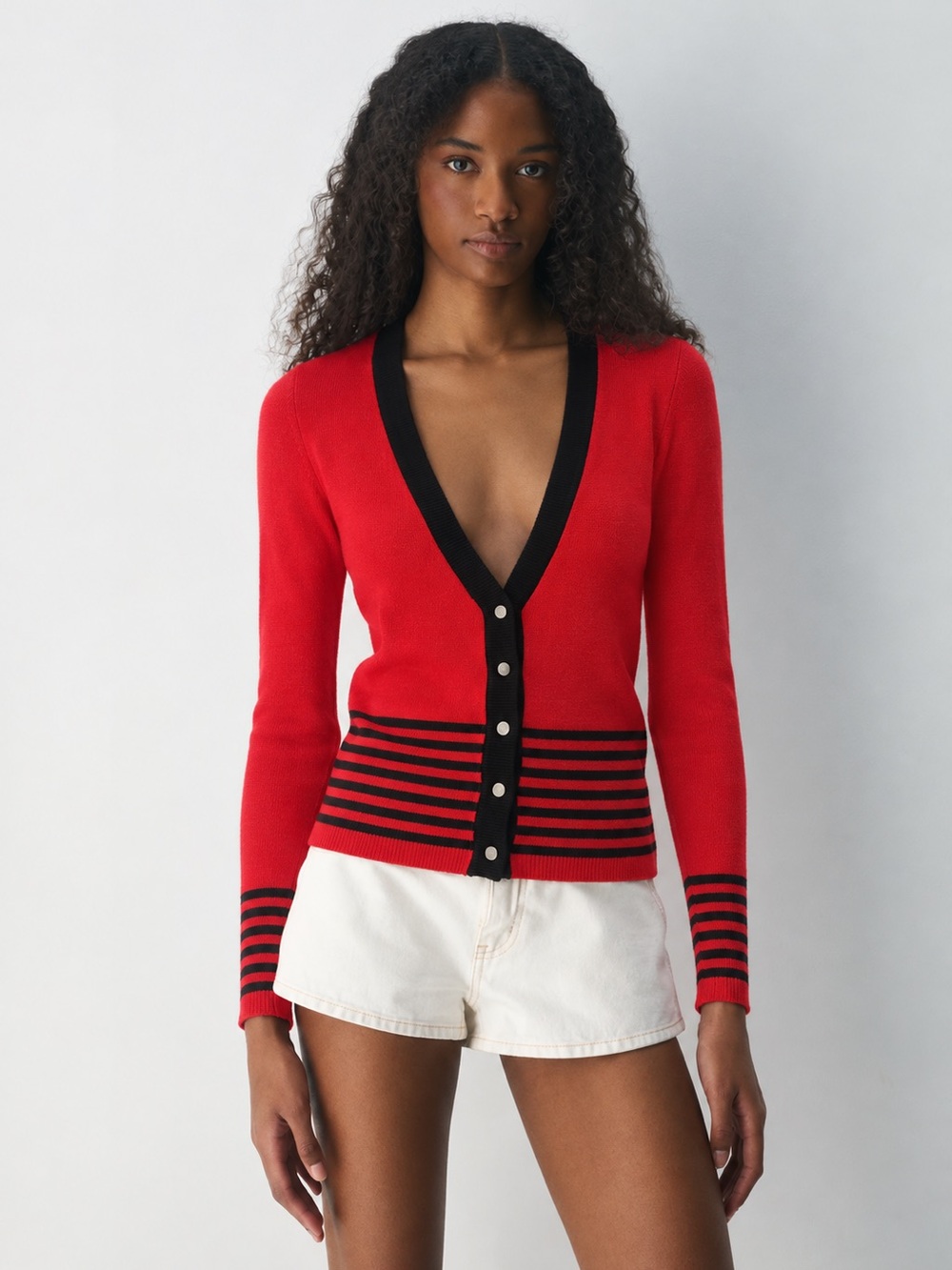 Kim Rogers NWT Red V-Neck Button Cardigan Black Stripes Trim Collegiate Preppy